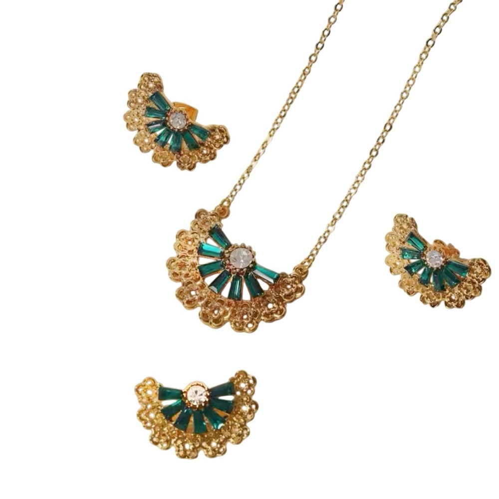 Green CZ Fan Design Jewelry Set Stainless Steel